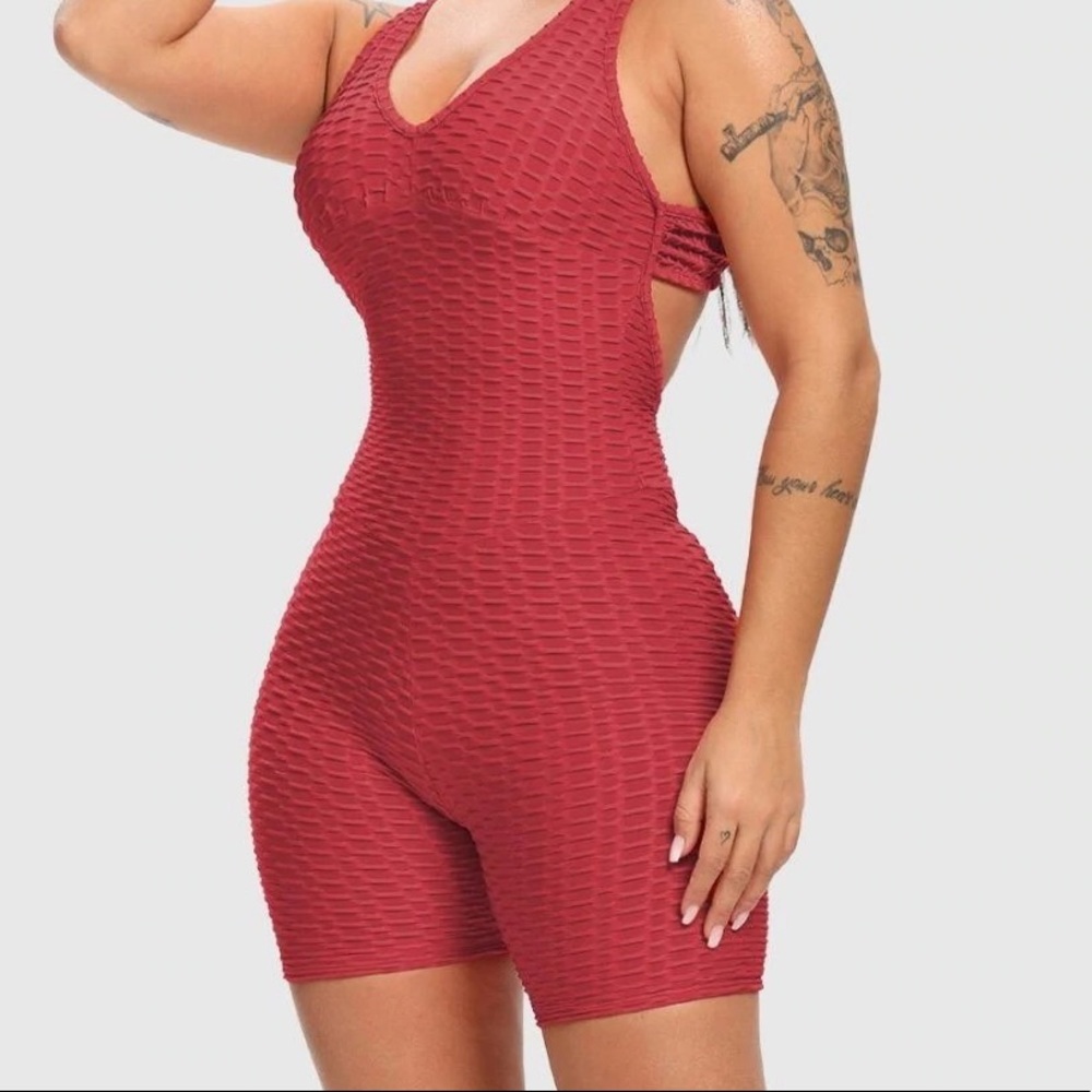 Sporty Red Waffle Halter Bodycon Romper